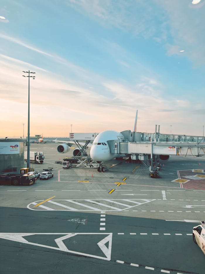 Large airplane docked at airport gate with sunrise in background, capturing travel essence.